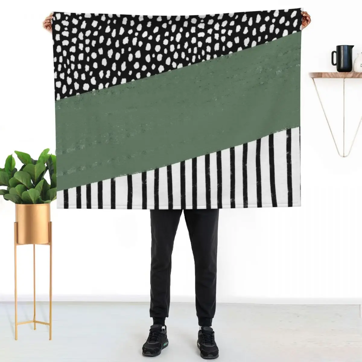 

Polka Dots and Stripes Pattern (black/white/sage green) Throw Blanket Lightweight Warm Blanket for Travel Camping