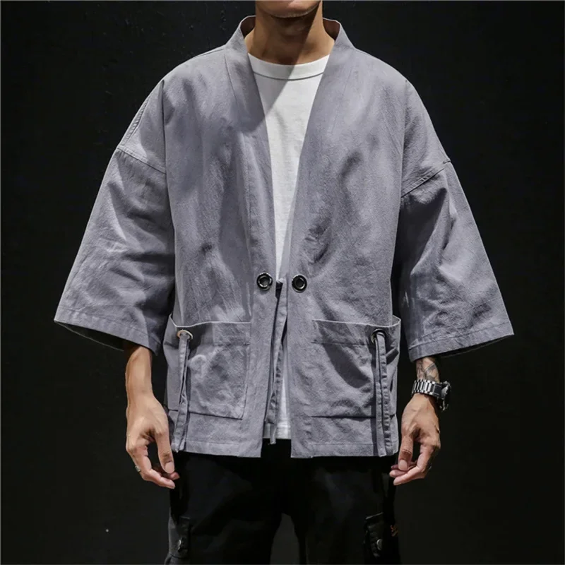 Japanese Fashion Kimono Cardigan Traditional Linen Shirts Men Basic Solid Color Samurai Costume Male Streetwear Yukata Haori MN1