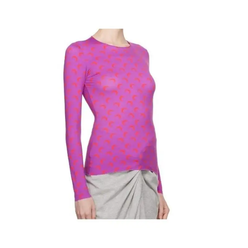 

High Street Fashion T Shirt Women Long Sleeve Autumn Sweet Style Slim Fit Sunscreen Top Purple Moon Printed