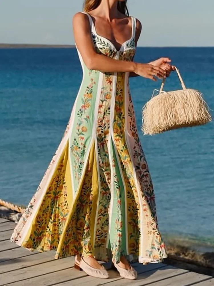 

Print Patchwork Sleeveless Chic Maxi Dress, Women Summer Spaghetti Strap Simple Party Dress, 2025 Backless Elegant Ladies Dress