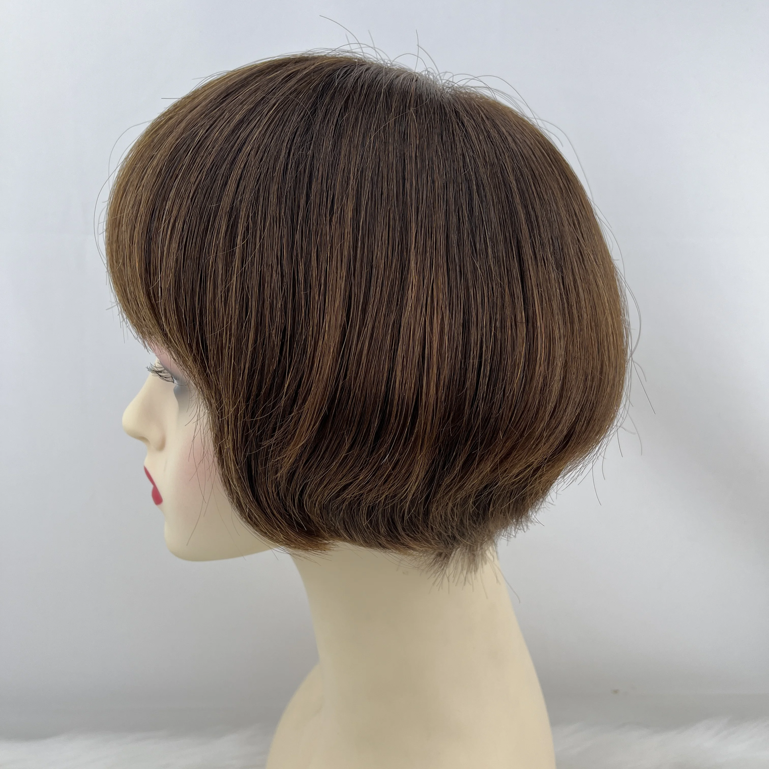 Full Lace Wig Human Hair Short Pixies Cut Dark Brown with Air Bangs Hand Tied Silk Crown with Fringe Wear to Go Wig for Women