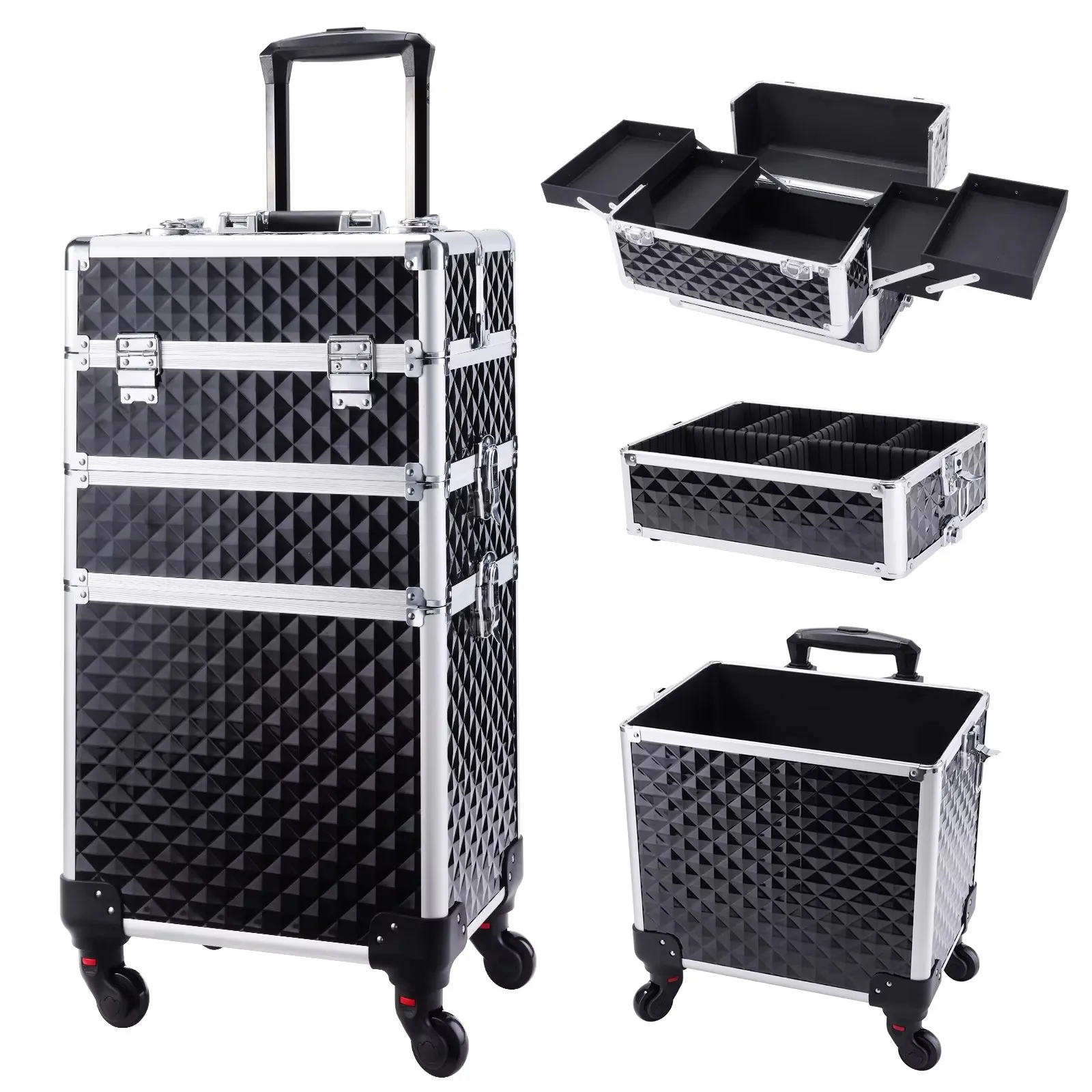 Rollende make-upkoffer 3-in-1 verwijderbare make-upkoffer Cosmetologiekoffer op wielen Afsluitbare make-uptrolley met grote capaciteit voor salon