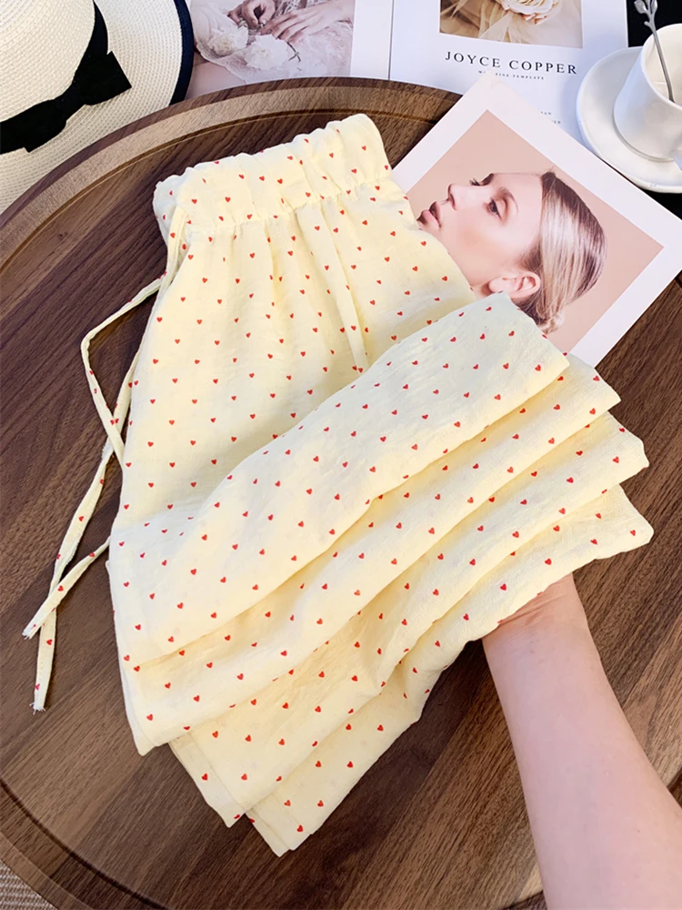 Zoki-pantalones de pierna ancha con estampado de dulce amor para mujer, pantalón informal, holgado, de cintura alta, moda coreana, con cordones, elegantes, novedad