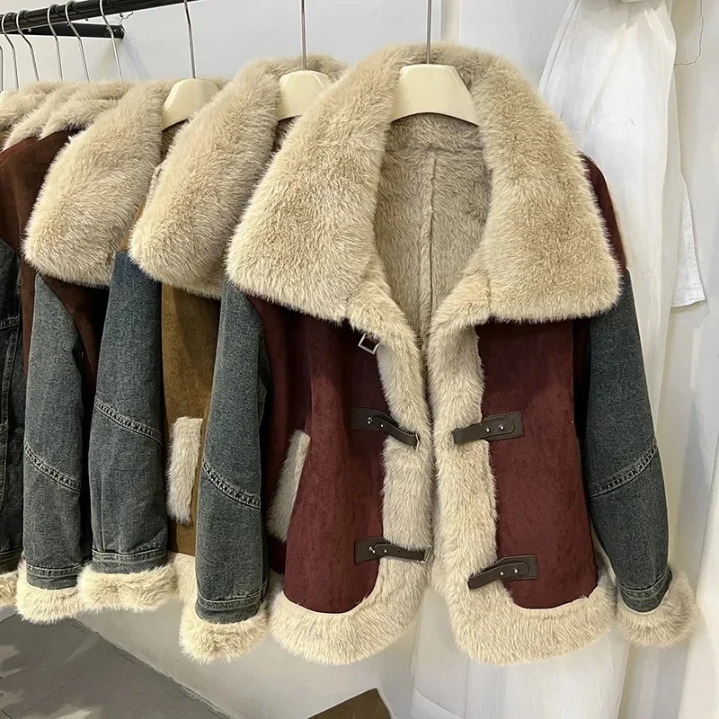 Pop Deer Skin Velvet Spliced Denim Jacket For Women's Winter New Velvet Warm Fur Integrated Color Blocking Outwear Imitation Fur