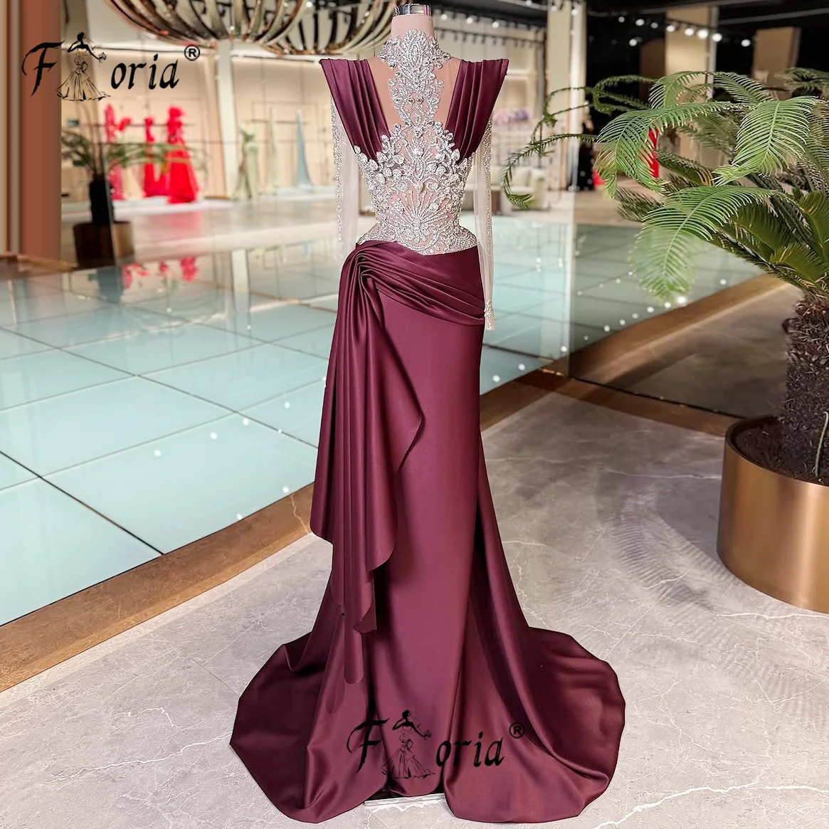 

Luxury Dubai Woman Beaded Mermaid Wedding Party Dress Crystals Stones Formal Evening Dresses Dark Red Satin Celebrity Gown 2025