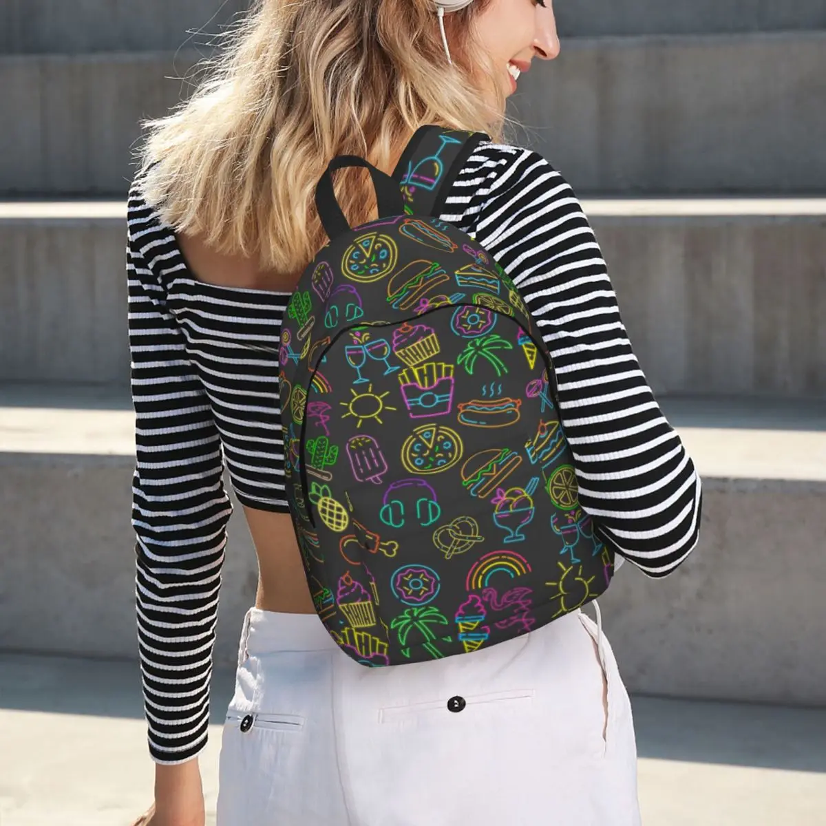 Neon Night Burger Fries Pizza Student Backpack School Bag Hiking Travel Daypack for Boys Girls Bookbag Shoulder Bags