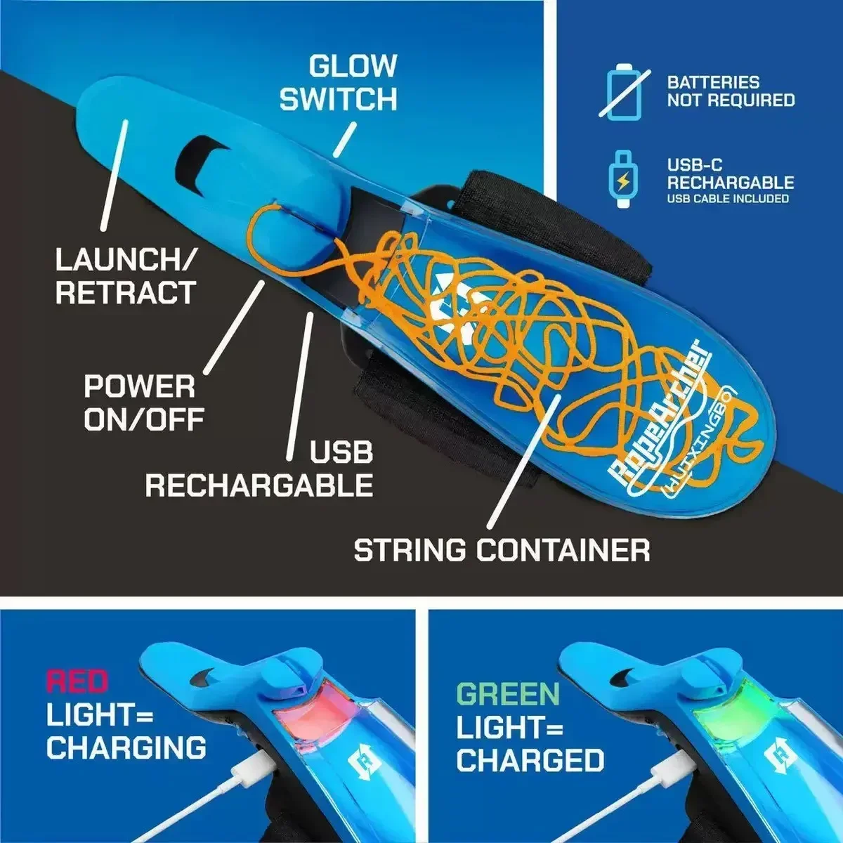 1GG-Auto Retract Spider Silk Wrist Launcher, Luminous String Shooter USB Charging Cosplay Toy