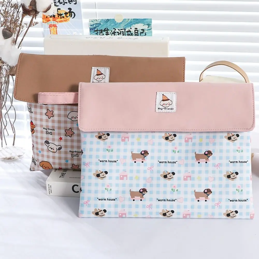 Cartoon Plaid Puppy A4 File Folder Handheld Washable Tutoring Bag Large Capacity Snap Button Document Folder School Office