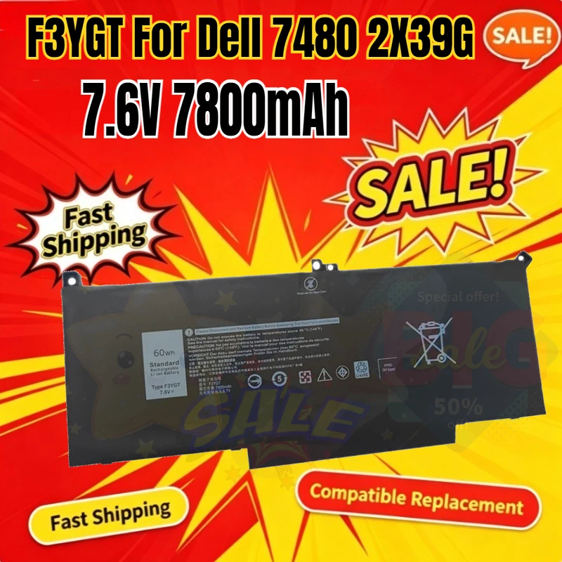 7.6V 7800mAh Laptop Battery F3YGT For Dell 7480 2X39G For Latitude 12 7000 7280 7290 E7280 E7290 13 7000 7380 7390 14 7480 7490