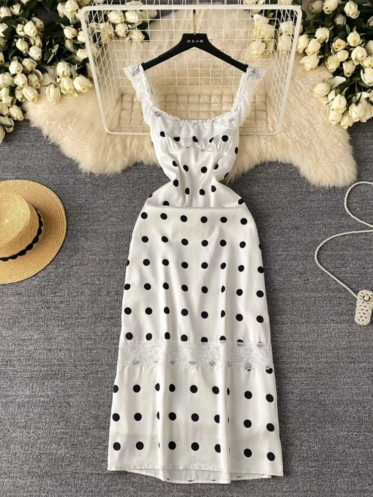 

Women Elegant Sexy Polka Dot Lace Camisole Bodycon Dress Summer Square Neck Sleeveless High Waist Party Long Dresses Vestidos