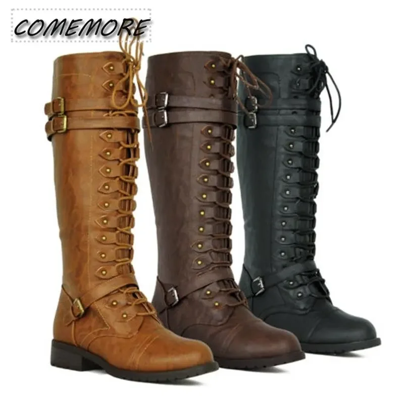 Women Knee High Boots Autumn Winter Lace Up Flat Shoes Sexy Steampunk PU Retro Buckle Woman Footwear Ladies Snow Boots Platform