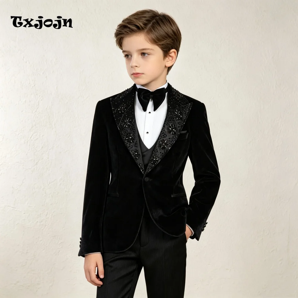 Formal Suit for Boys Luxury Wedding Tuxedo 3 Piece Classic Velvet Jacket Pants Vest Kids Blazer Set Slim Fit Tailored Outfit