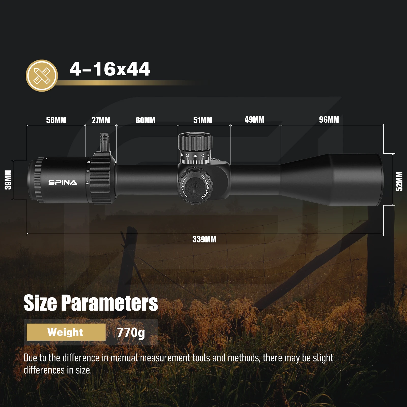 Spina Optics WolfChase Gen II Zero Stop HD 4-16x44 FFP First focal plane Scope Sight 5-150m Tactical Hunting,30mm,1/10 MRAD view 2