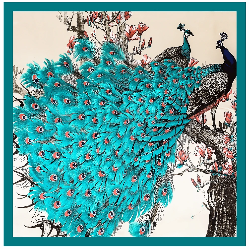 2022 Spring Chinese Style Peacock 90*90cm Lmitation Silk Large Square Scarf Women\'s Accessories Head Scarf Beach Shawl Scarf