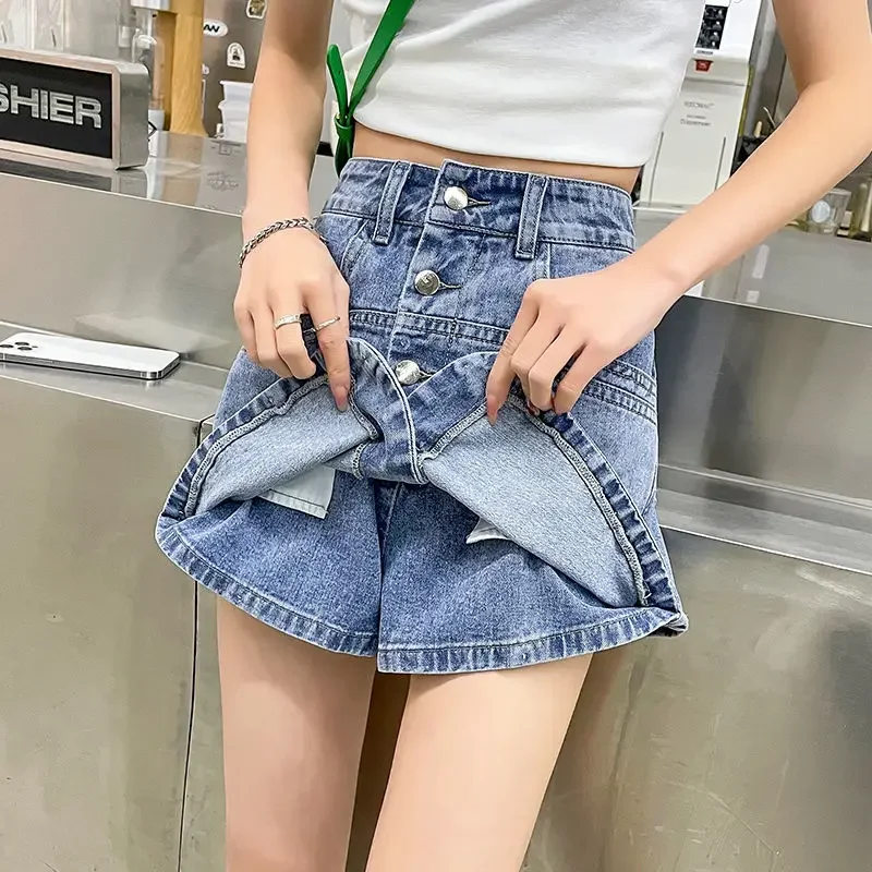 

Women's Fake Two-piece Jean Culottes Denim Shorts Female Summer New Style High Waisted Slim Joker A-line Wide-leg Short Pants