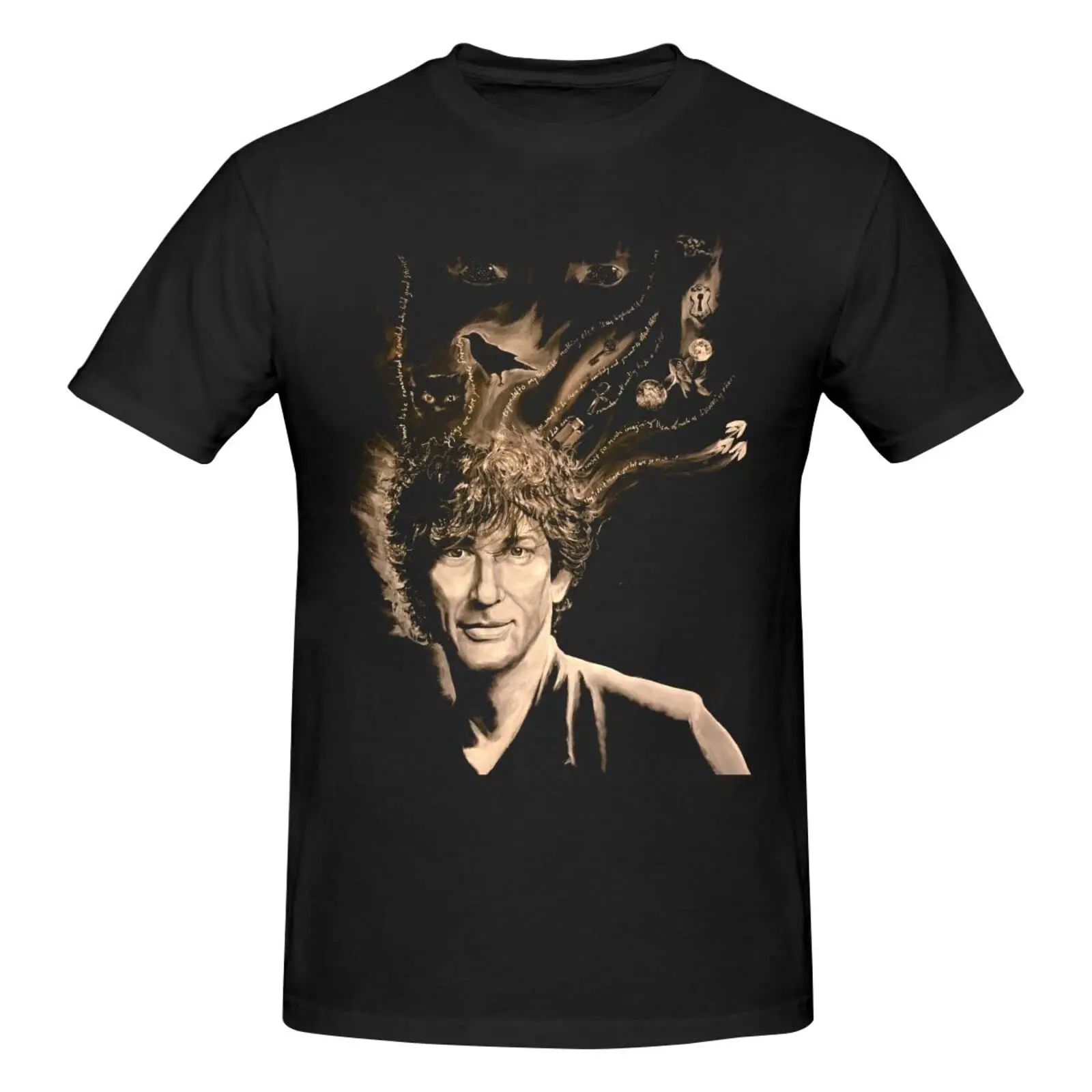 Neil Gaiman Men's Short Sleeve Graphic T-Shirts Casual Novelty Cotton Crewneck Tees BlackCartoon oversized