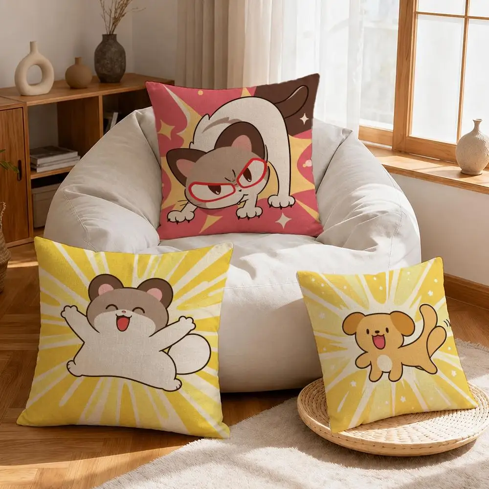 Art Cute Cat Dog Cushion Cover Linen Anti-Mite Antibacterial Cushion Cover Invisible Zipper Sofa Decor