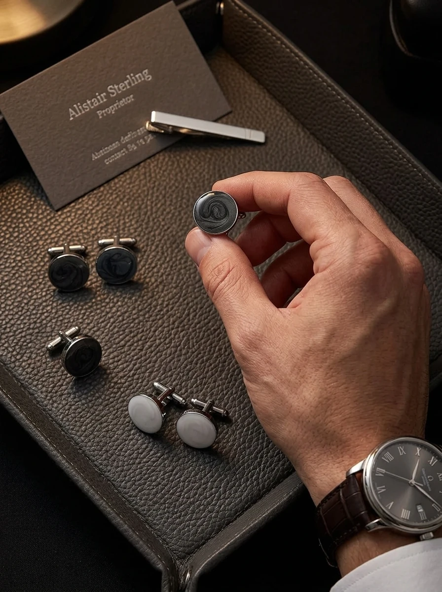Round Bezel Cufflinks Swirl Marbled Enamel (Dark Grey / Navy Blue / Off White) Inlay Men's French Shirt Cuff Links