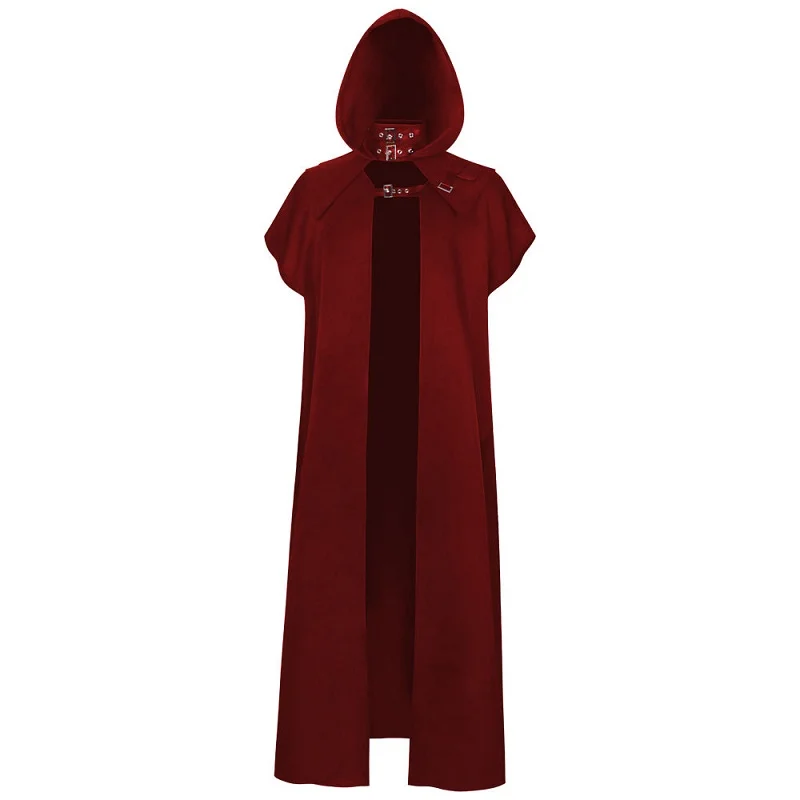 Mantello medievale cappotto con cappuccio da uomo killer Costume Cosplay Vintage Gothic Buckled Stand Collar spalla in pelle cavalieri Cape