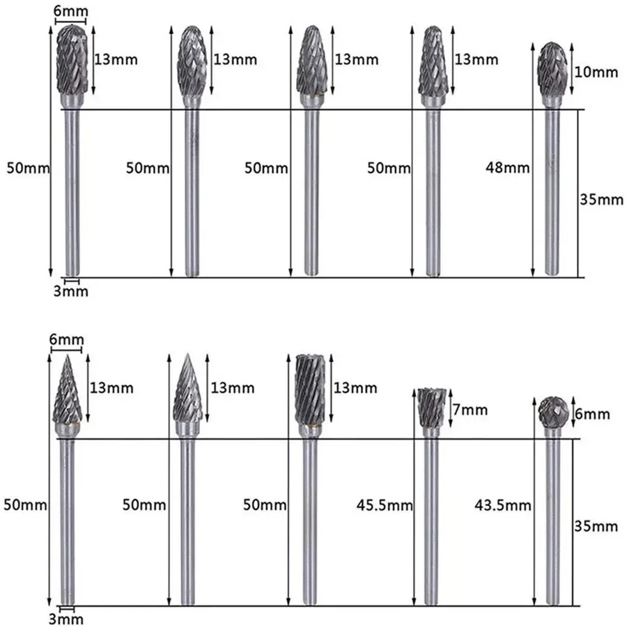 10pcs Rotary Carbide Burr Set 1/8 Shank 1/4 Head Length Tungsten Steel for Woodworking Drilling Metal Carving Engraving Polishin