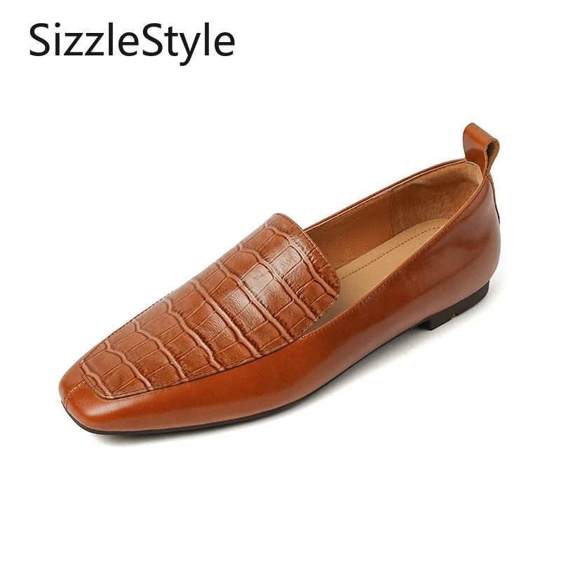 

Genuine Leather Bamboo Texture Square Toe Deep Mouth Comfortable Low Heel Stitching Slip-on Shoes for Women