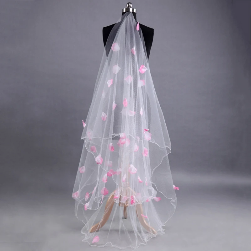 Bruiloft Sluier Jurk Roze Bloemblaadjes Decoratie Sluier Lagen Tule Lint Edge Bridal Veils