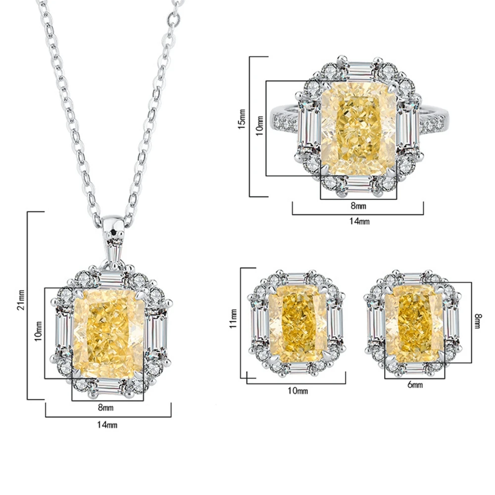 WUIHA Luxury 925 Sterling Silver 8*10MM Yellow Sapphire Courndum Ring/Earrings/Pendant/Necklace Engagement Jewelry Set Wholesale