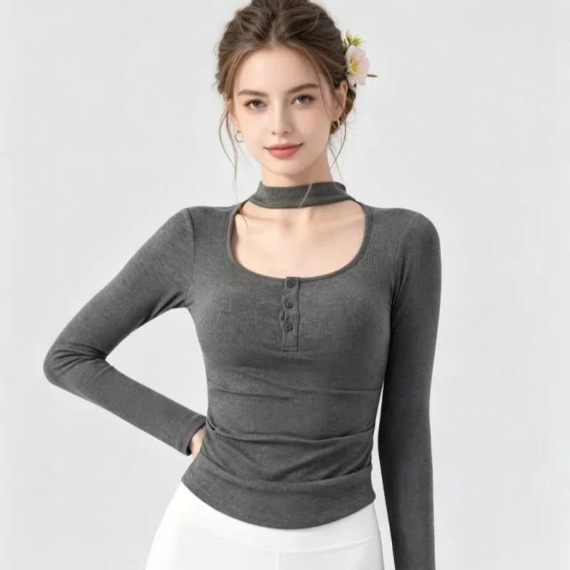 Halter Long Sleeve Mesh Hollow Out Crop Top Women Side Ruched Slim Built-in Bra Breathable Yoga Workout Gym Daily Shirts