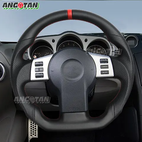Full Leather Steering Wheel For Nissan 350z Z33 2003-2008 Red Stripe and Stitching Black Smooth Leather Steering Wheel