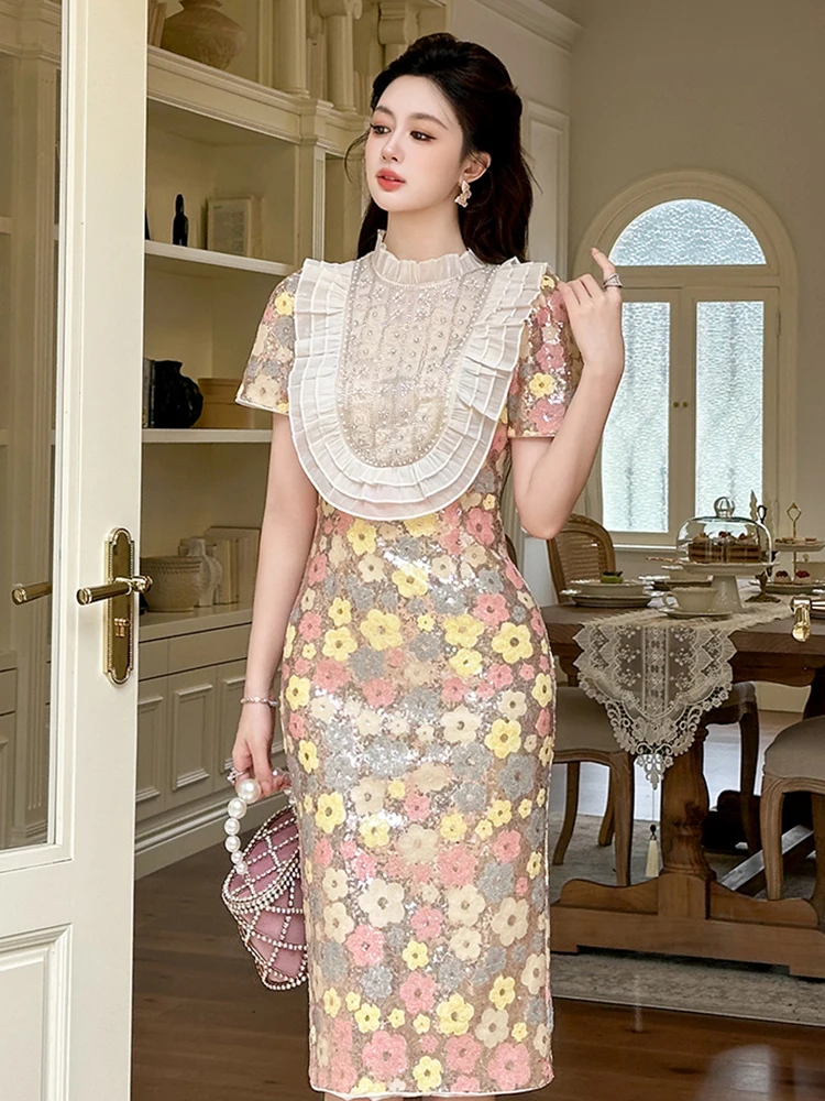 Frauen Shiny Pailletten Robe Floral Rüschen Stehen Neck Schlank Vestidos Bodycon Midi Kleid Elegante Dating Party Prom Weibliche Kleid Abend