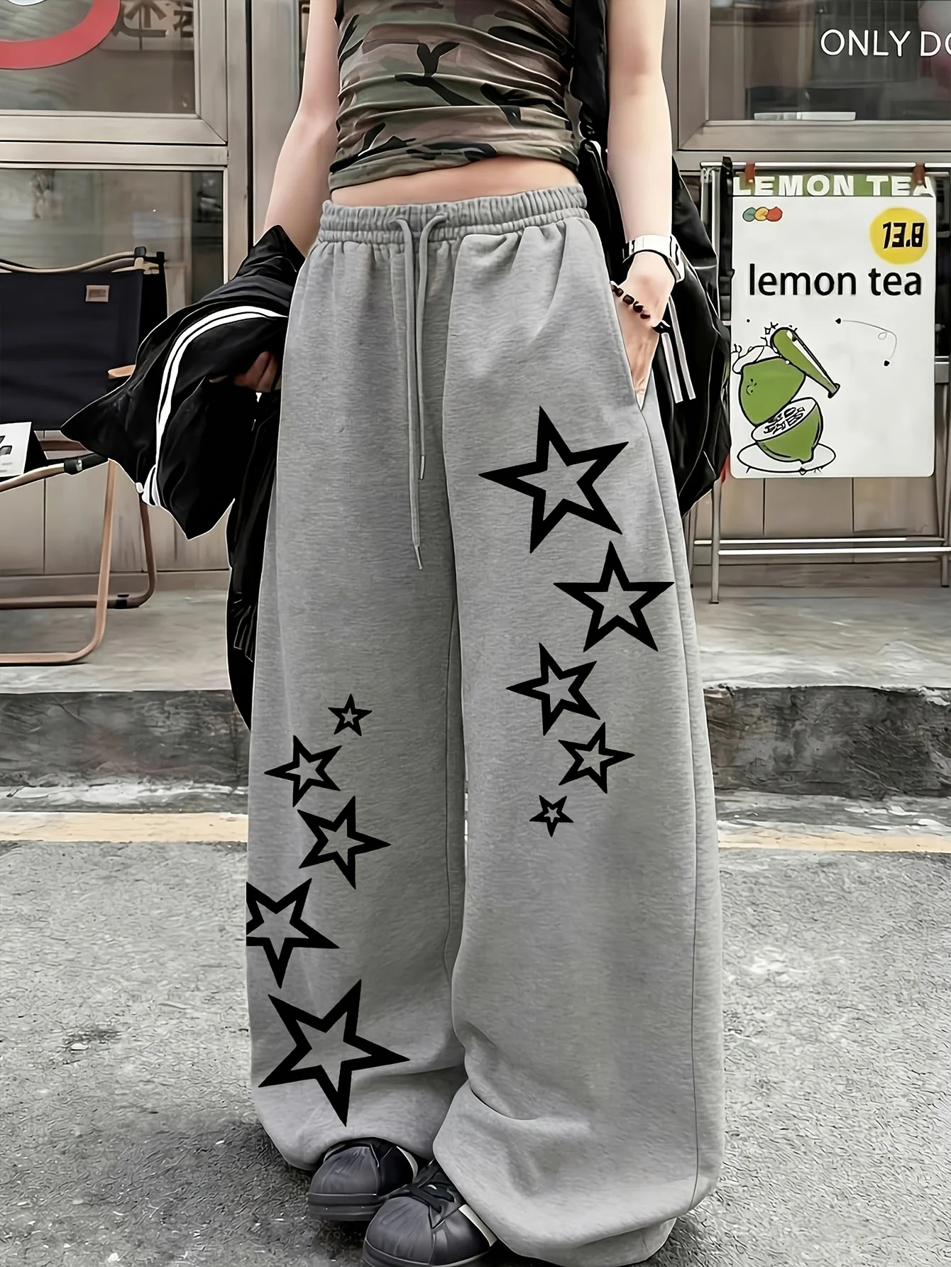 2026 Women'S Wide Leg Sweatpants, Star Decor Print, Elastic Waist Drawstring, Y2K Street Style Casual Party Loose Long Pants