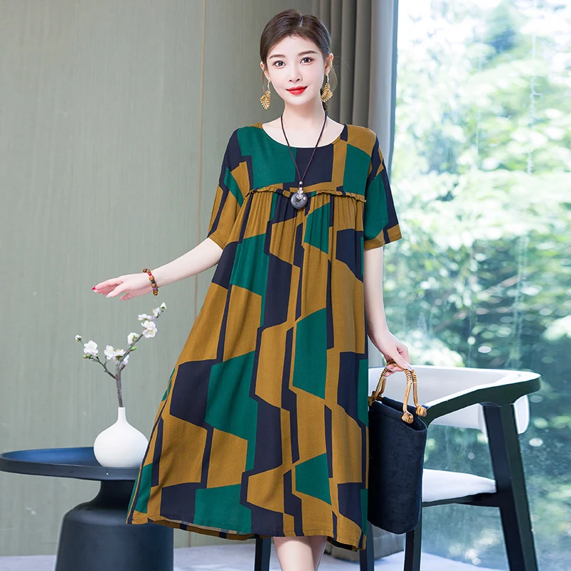 2023 Women Dresses Summer O-Neck Floral Print Boho Beach Dress Short Sleeve A Line Dress Wrap Sundress Robe