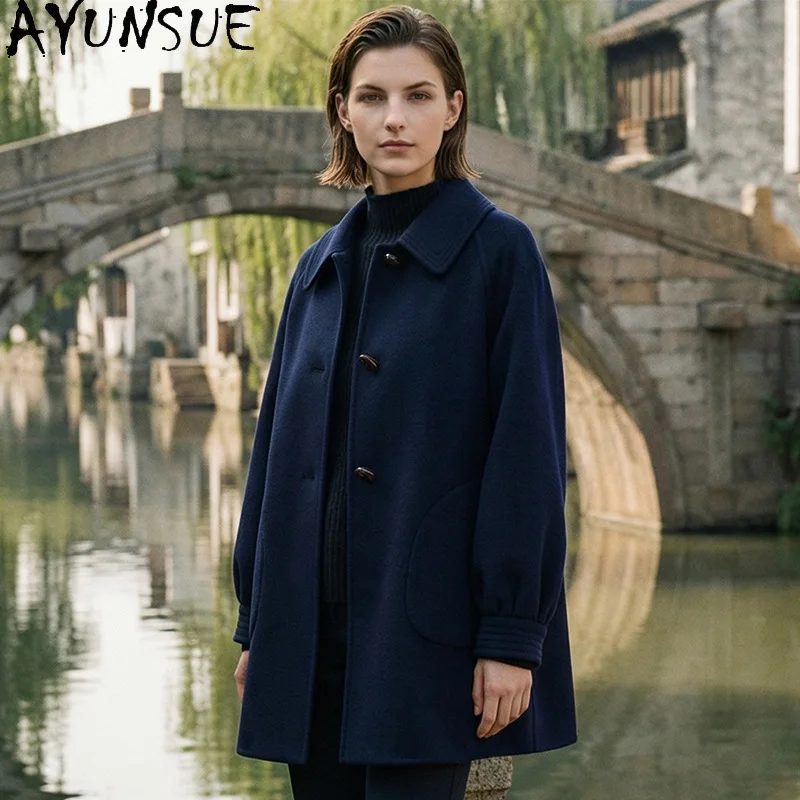 AYUNSUE Women's 100% Wool Coat Doll Collar Horn Button Double-sided Wool Jacket Autumn Winter Casual Outerwear Woman Clothes
