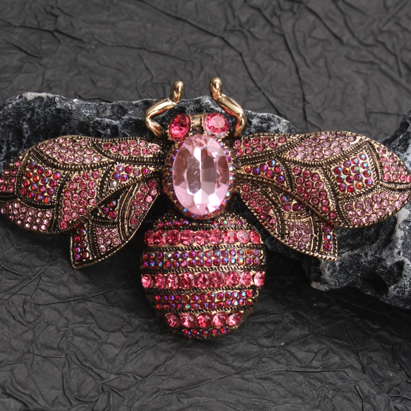 Glamorous Pink Crystal Bee Brooch, Opulent Vintage Fashion Accessory