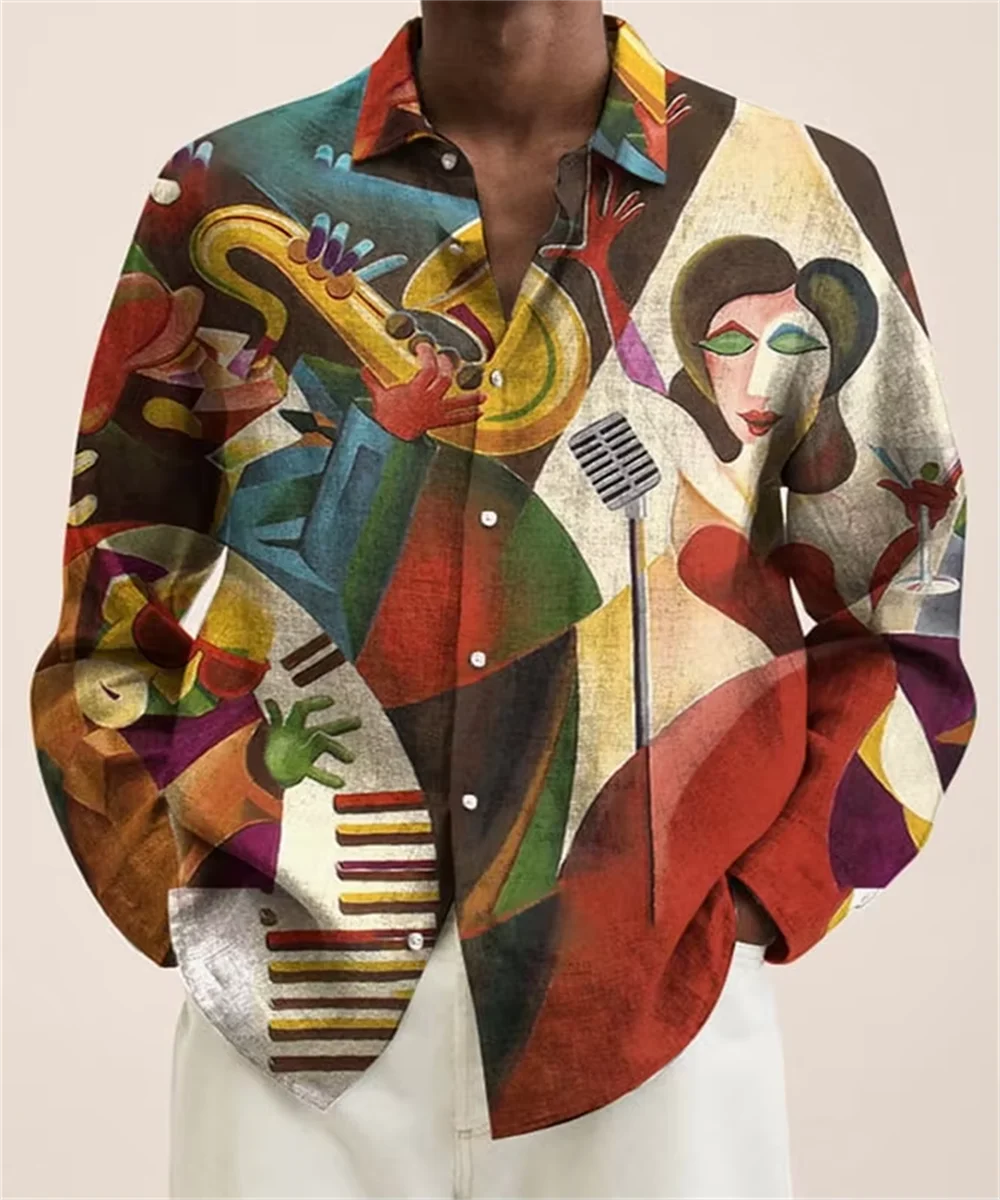 2025 New Men's 3D Musical Instrument Fashion Print Single-breasted Long-sleeved Shirt Casual Shirt Men's Loose Lapel Long Sleeve