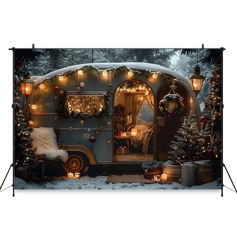 Christmas Touring Car Background For Photography Christmas Tree Golden Light Backdrops Stand Party Outdoor Decoration Photobooth