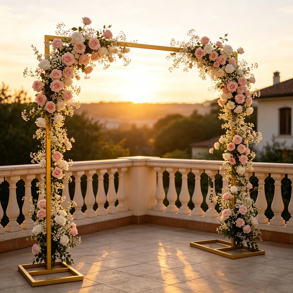 Arche de mariage 9,8x9,8 pieds, support carré en métal doré pour ballons avec base, support de toile de fond en fer pour cérémonie et fête
