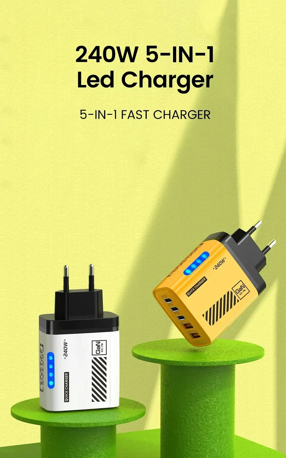 240W GaN 5 in 1 Desktop Charger USB C PD QC 3.0 Fast Charging Charger For MacBook iPhone 17 16 15 Pro Samsung Xiaomi EU US Plug