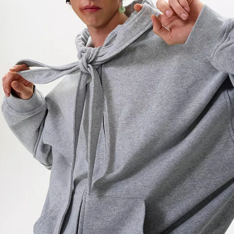 Y2K Style Mens Hoodies Vintage Lace-up Design Zipper Hooded Jackets Men Streetwear 2025 Spring Autumn Casual Solid Color Hoodie