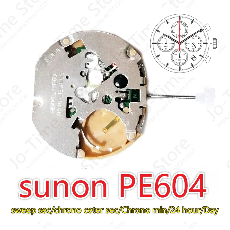 PE604 Movement China Sunon Pe60 Quartz Watch Movement Sweep Second Chronograph Chrono Center Second/Chrono Min/Day/Date/24 Hour