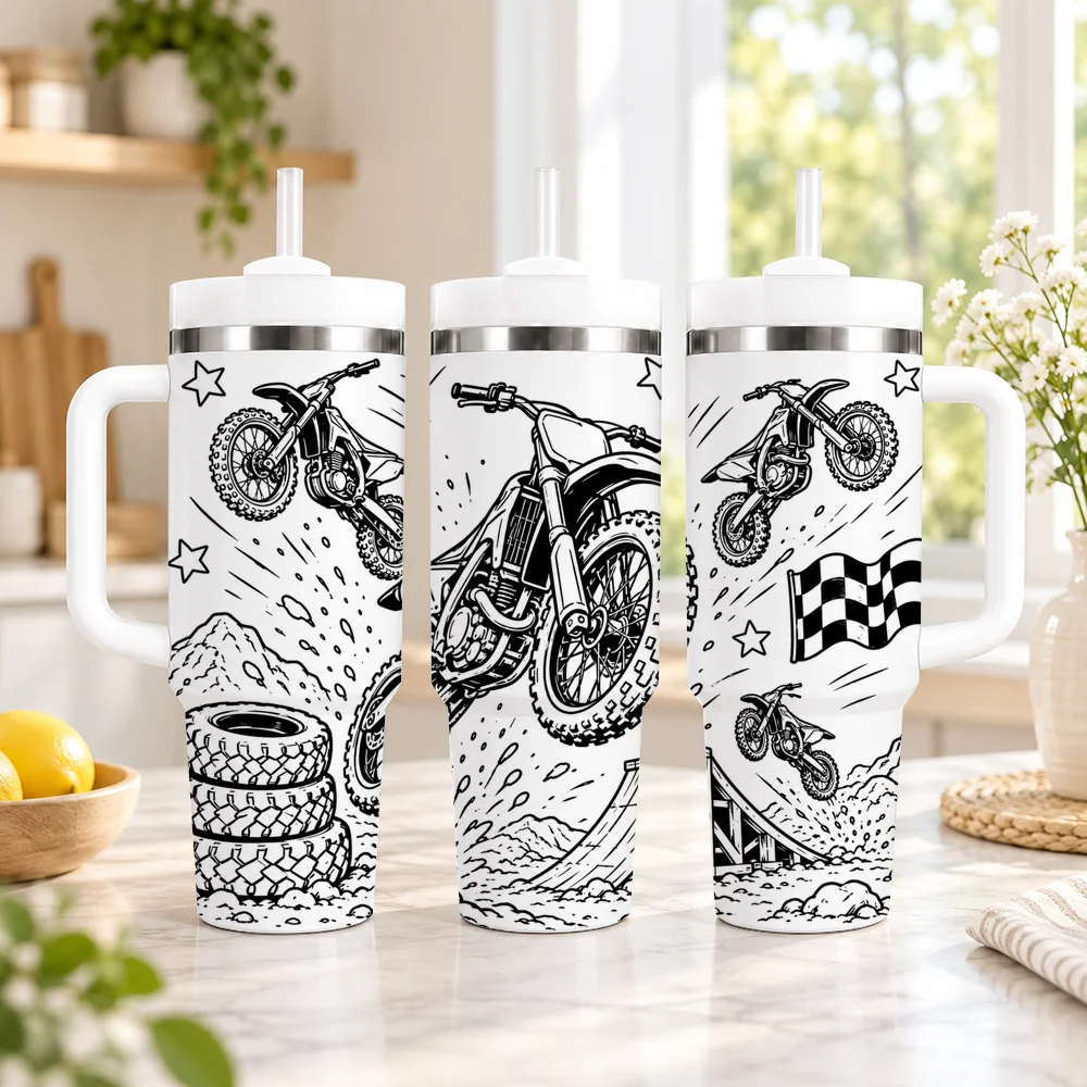Monster Truck Dirt Bike Racing Vacuum Flasks 40oz em Aco Inoxidavel com Alca e Canudo, Caneca de Viagem a Prova de Vazamentos