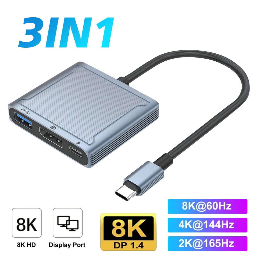 USB C to DisplayPort 1.4 dock 8K 3-in-1 Thunderbolt 3 Type C to DisplayPort 1.4 cable with PD charging USB 3.0 port for Macs