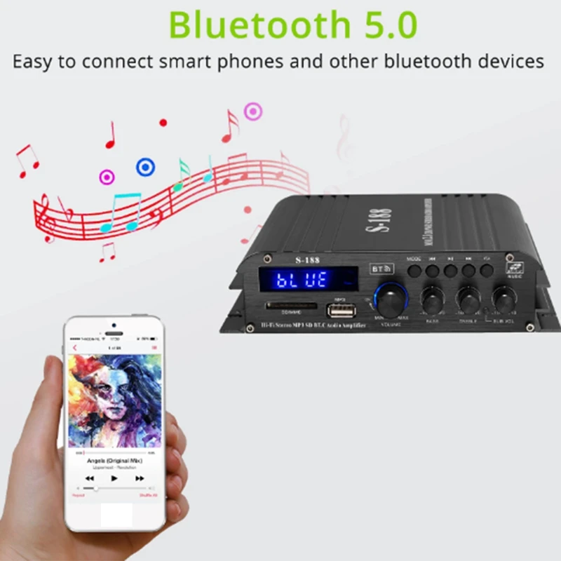 90W S-188 Bluetooth Stereo Hifi Amplifier 2.1 CH Audio Power Amplifier Bass Treble Control Music Player Amp EU Plug Easy Install