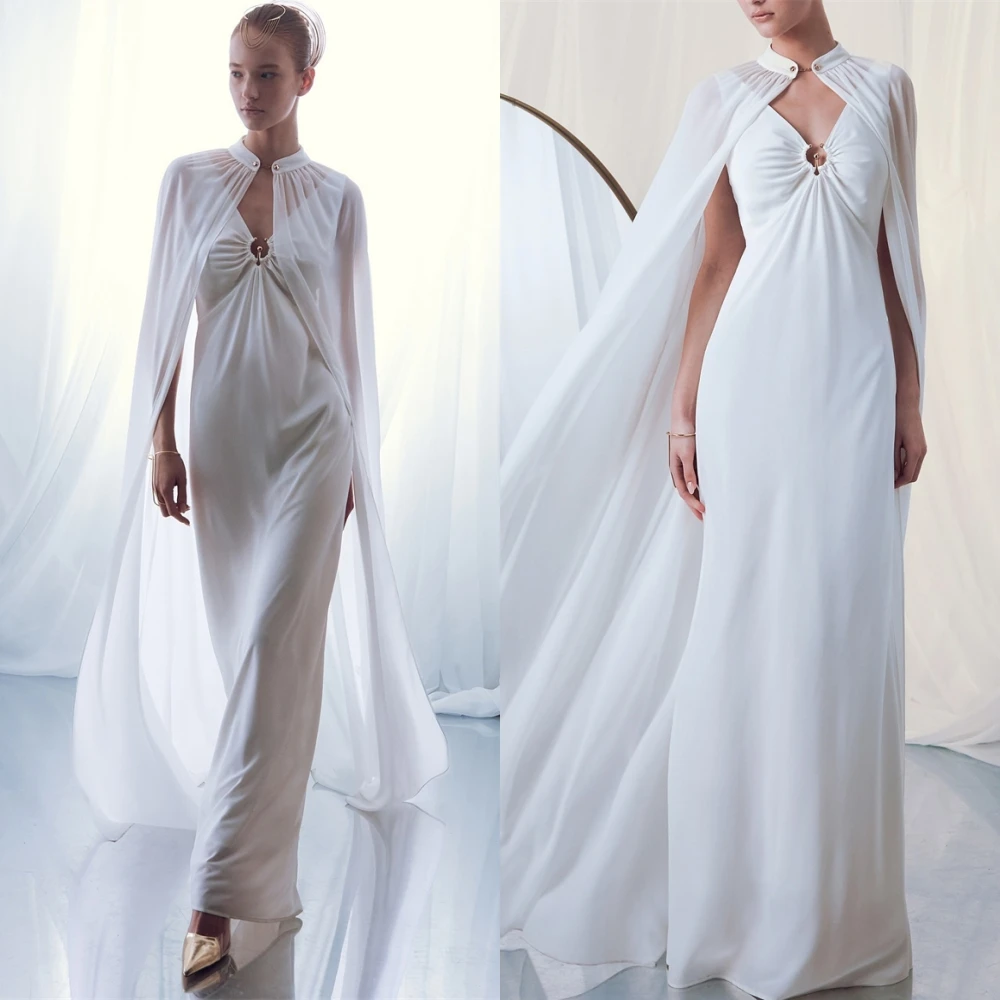 Robes de bal en mousseline de soie élégantes personnalisées, Simple, col haut, châle, robe de soirée classique, traîne de balayage, robes d'occasion sur mesure