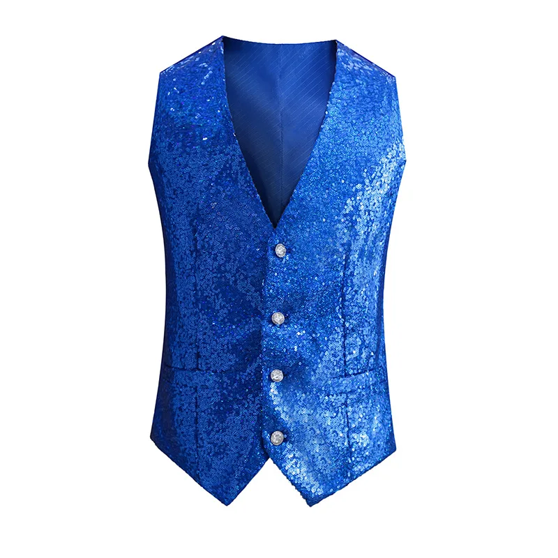 Red Shiny Sequins Single Breasted Sleeveless Vest Men\'s V-Neck Waistcoat Gold Black White Blue Purple Available M L XL XXL XXXL