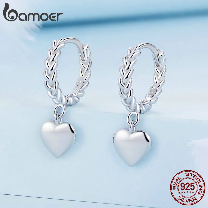 Bamoer-pendientes de plata de ley 925 con textura trenzada para mujer, aretes colgantes con forma de corazón, joyería fina, BSE715