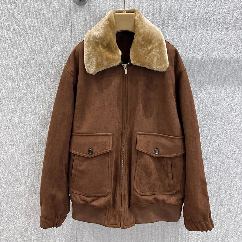 

Высококачественная женская рабочая одежда в стиле ретро, карамельно-коричневая замшевая текстура, шерстяной воротник, куртка, модное пальто 2592461