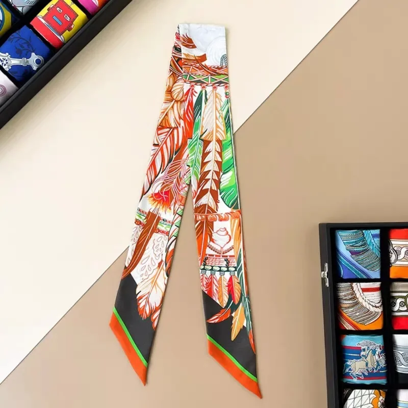 2024 Fashion New Animal Feather Pattern Ladies Leisure Decoration Twill Long Strip Streamer Silk Scarf Tie Bind A Bag Ribbon