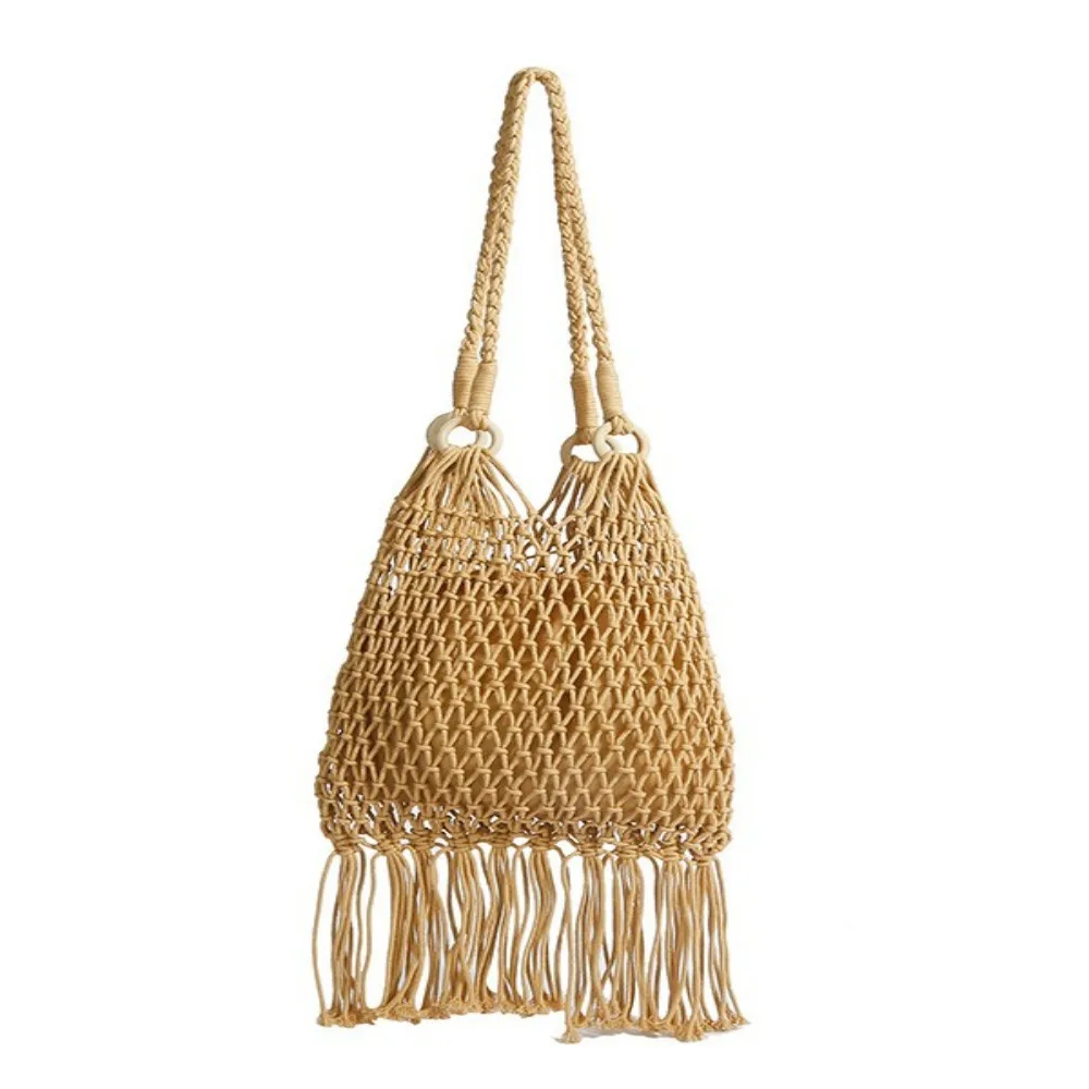 

Hollow Out Cotton Thread Woven Bag Beach Handbag Bohemian Style Tassel Beach Bag Tote Bag Large Capacity Hollow Shoulder Bag