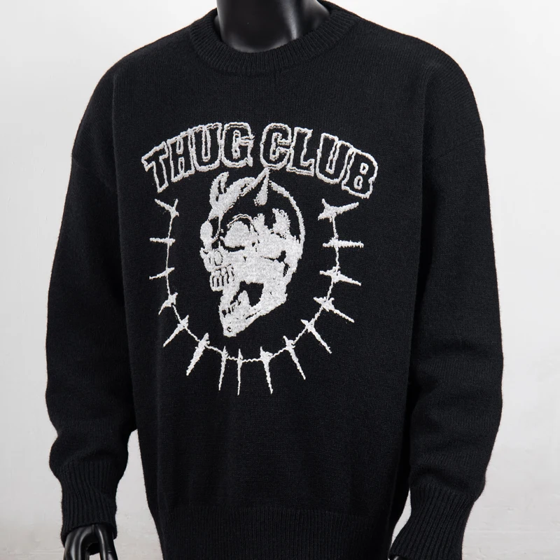 Thug Club Black Loose Skulls Evil Bone Pattern Knitt Sweater Men Women Good Quality 1:1 Knitt Vintage Sweater Pullovers Winter